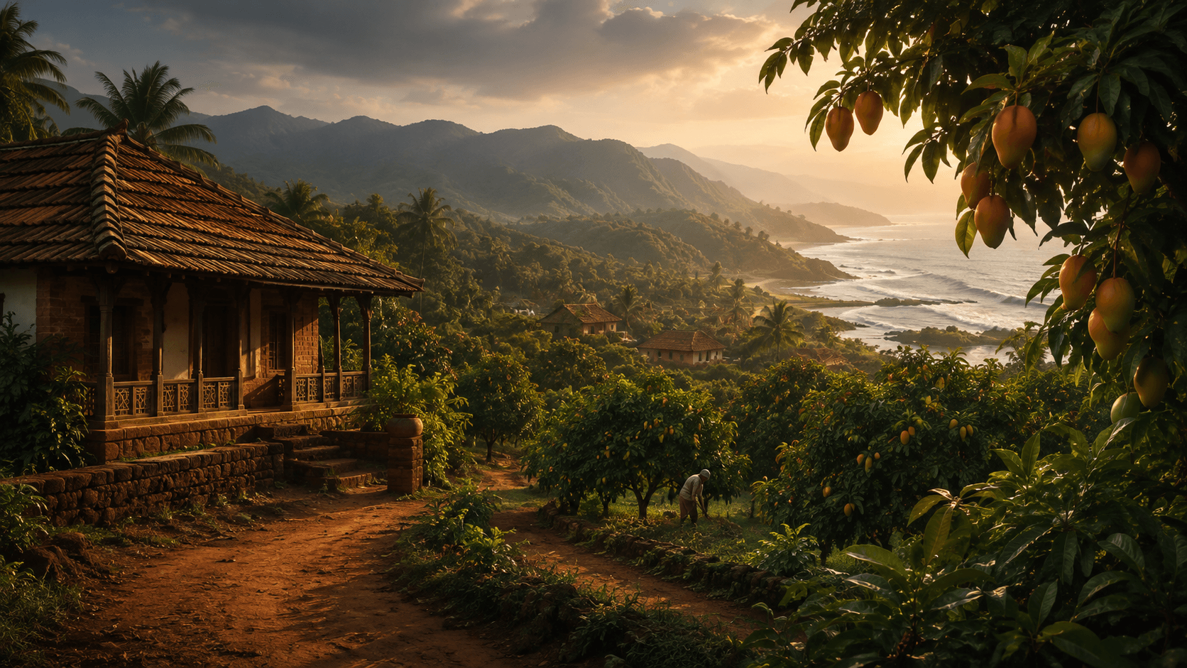Konkan coastal landscape with mango orchard and traditional house